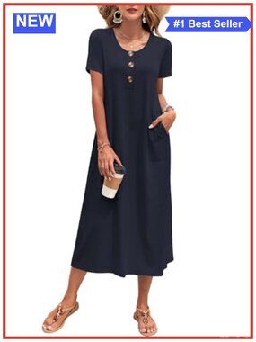 Womens Midi Sundress Short Sleeve Loose Fit Casual Summer Dress Pockets